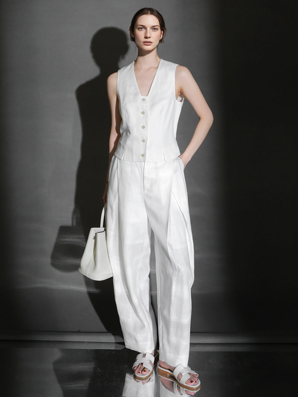 PIAOIN designer haute couture cross pleated niche Tencel linen wide leg straight pants -ALICE