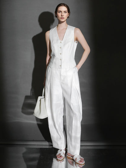 PIAOIN designer haute couture cross pleated niche Tencel linen wide leg straight pants -ALICE