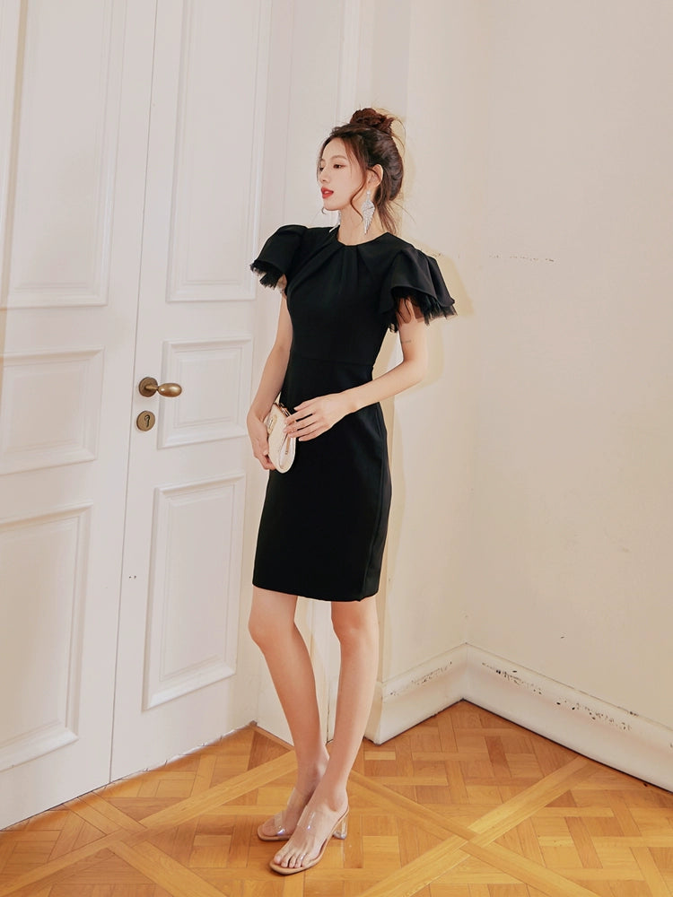 DOLLY Elegant Black Half Turtle Neck Short Puff Sleeve Midi Mesh Dinner Dress-AARTI