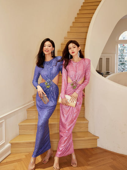 DOLLY Elegant Crew Neck Long Sleeve Slim Fit Sequin Long Evening Dress-IIANA