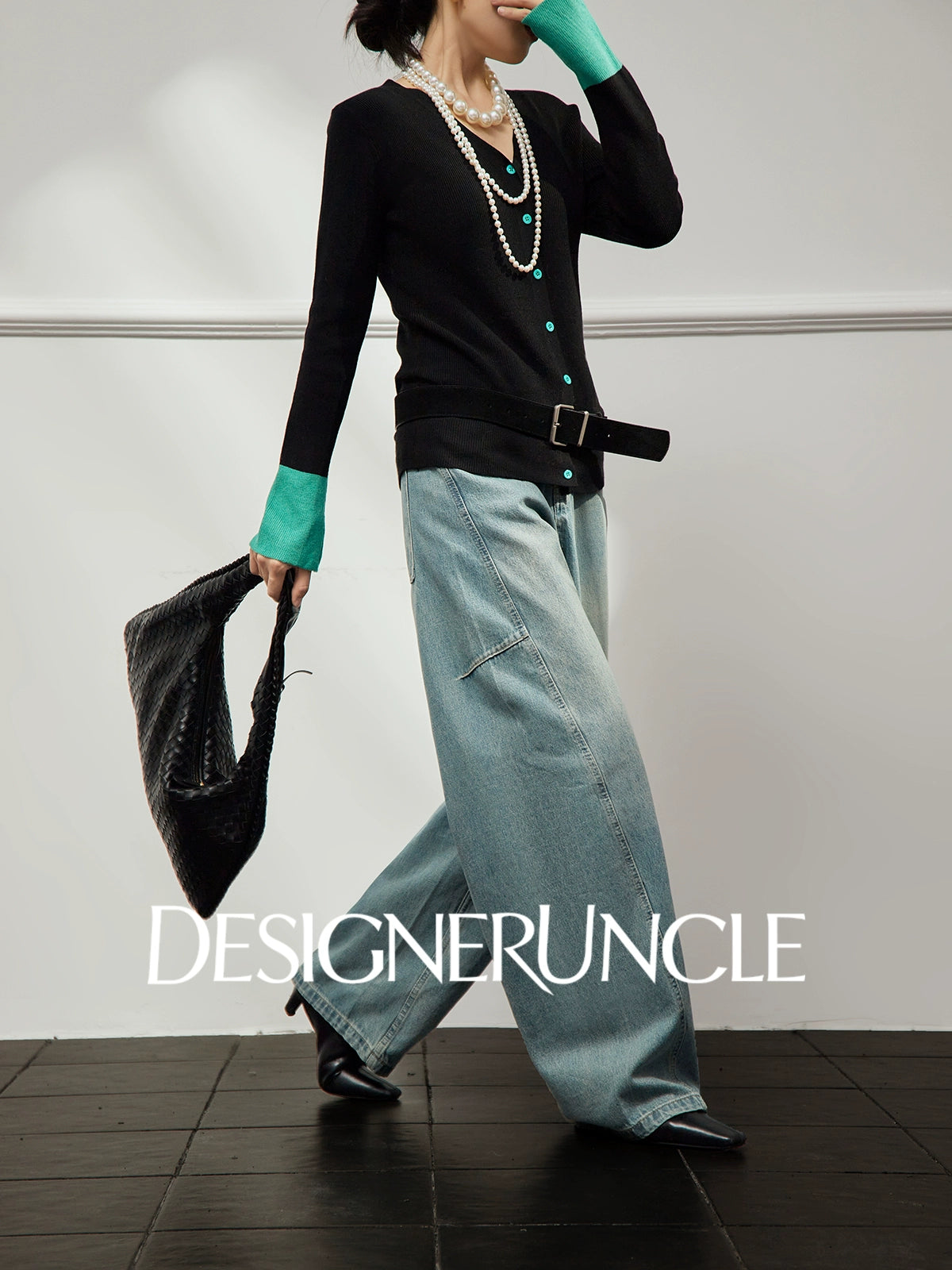 DGU×LAB|Black flared sleeve knitted color-blocked V-neck slim inner sweater - SAVD