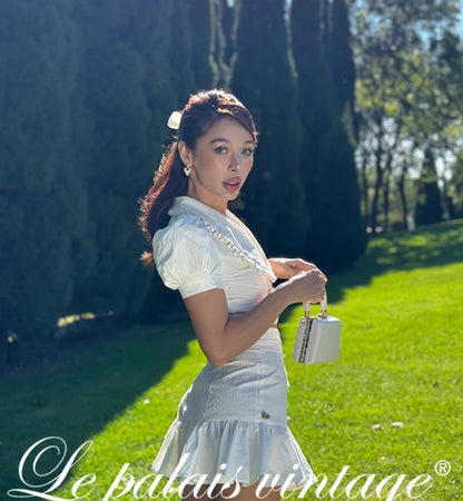 Le Palais Vintage French Girly Pure White Puff Sleeve Short Top and Ruffled Skirt-ASDA.