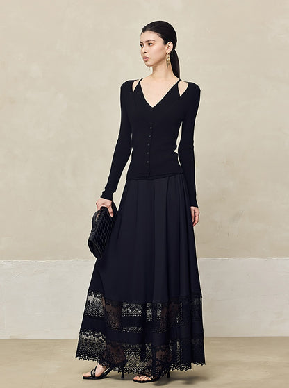 HECO Acetate Hollow Lace A-line Long Skirt women - FLOW.