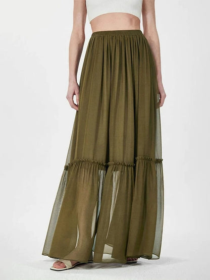 NOTHING WRITTEN fixed spinning silk micro sheer mesh elastic waist long skirt-HAZEL.