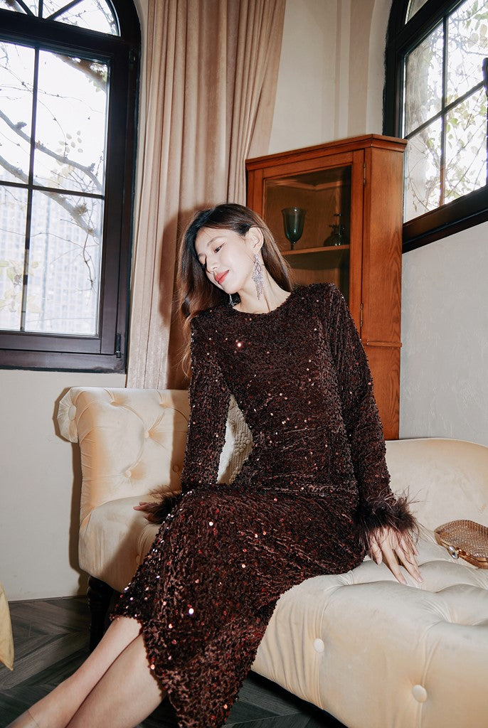 DOLLY Elegant Retro Style Crew Neck Long Sleeve Sequin Long Banquet Dress-TANIA