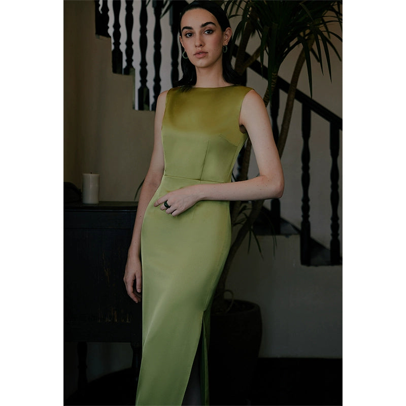 GOUDIN high-end light luxury mustard green evening dress -ZIA.