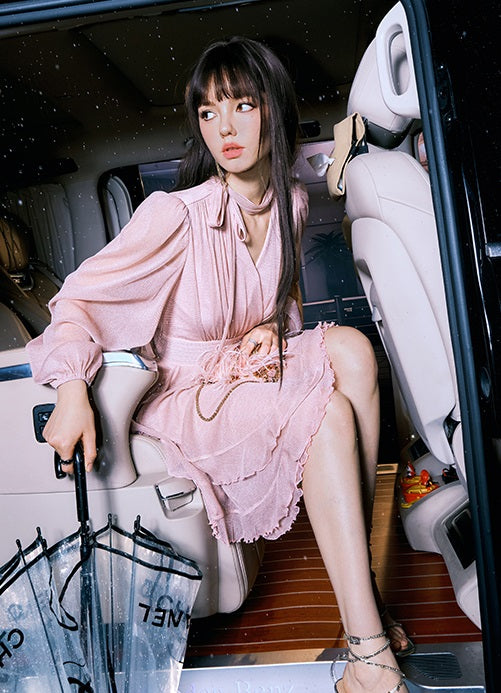 CHICHY French Gentle Long Sleeve V-Neck Pink Dress-KANA