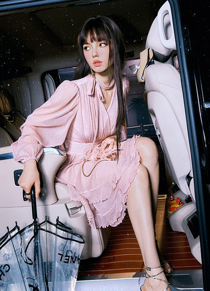 CHICHY French Gentle Long Sleeve V-Neck Pink Dress-KANA