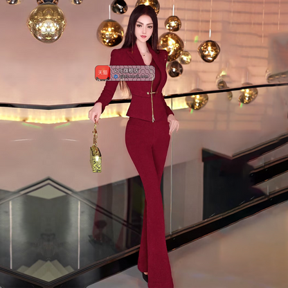 VJE velvet top flared pants two-piece set women's OL suit-FLORA.