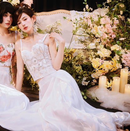 DOLLY Elegant White Natural Waist Flower Bud Long Chic Skirt-CYNTHIA  (V)