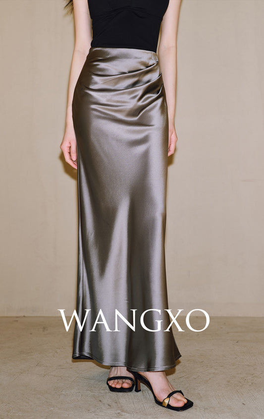 WANGXO | Acetate Gilt Satin Pleated Fishtail Skirt-SARA.