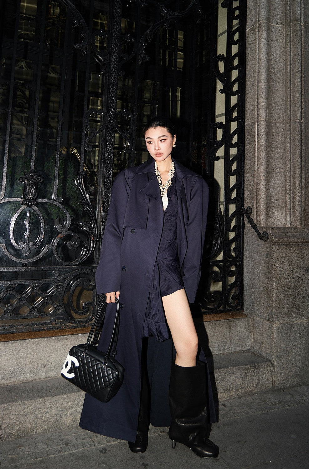 MEI SANGUAN navy blue neutral silhouette trench coat - LIAM