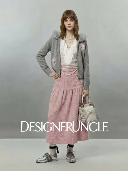 DGU×LAB "Matte Fleece" Gray Heart-Eye Embroidered Fur Collar Knitted Jacket - MIN