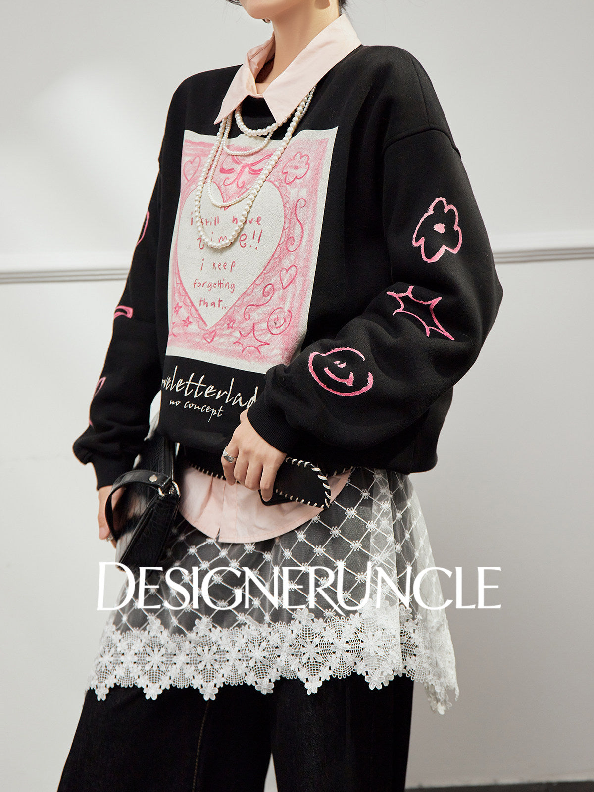 DGU×LAB "Star Dance" black fleece sweatshirt love print crew neck top - MAH