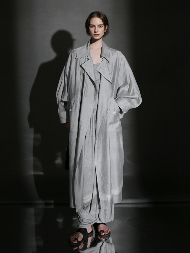 PIAOIN Light Luxury Silk Luster Tencel Linen Trench Coat Jacket -JOSEPHINE