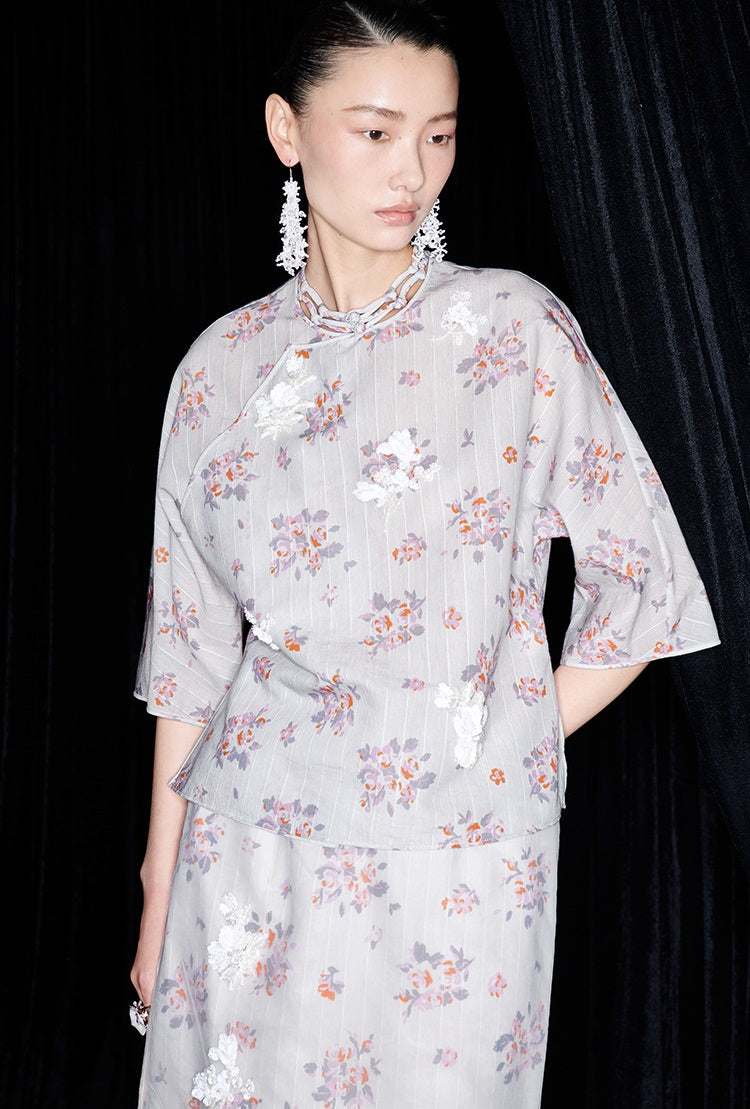 M essential Ma Kay designer Jinghe printed fabric floral nail beads top - JULY.