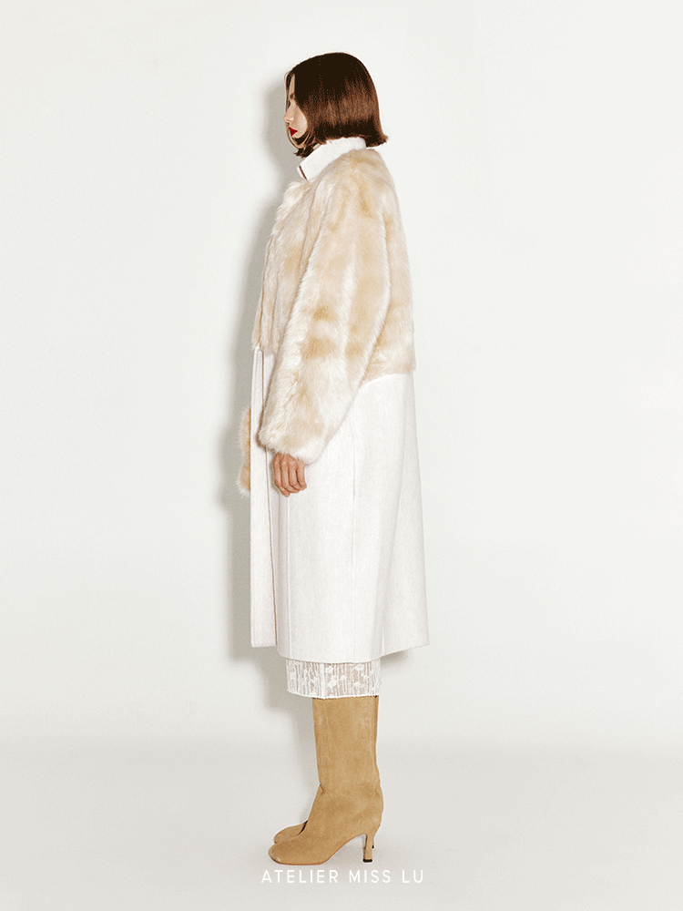 ATELIER MISS LU faux fur patchwork long sheep's wool coat -HECATE.