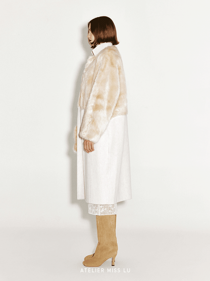 ATELIER MISS LU faux fur patchwork long sheep's wool coat -HECATE.