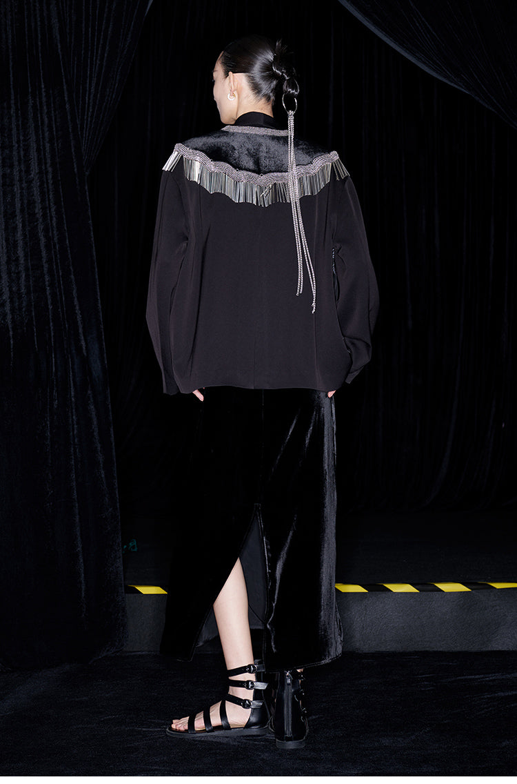 M essential Mackay designer silk-velvet crewneck tassel cape blazer dress set-  Benny.