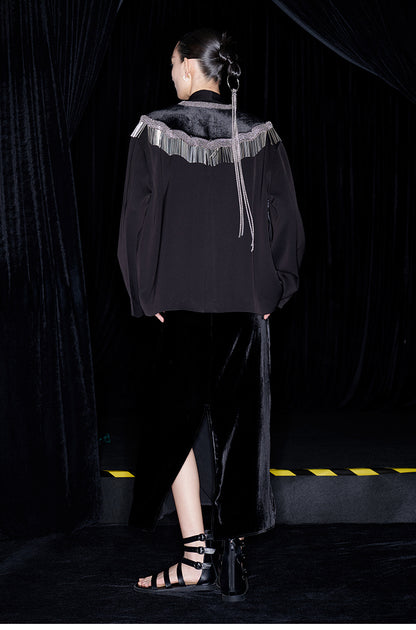 M essential Mackay designer silk-velvet crewneck tassel cape blazer dress set-  Benny.