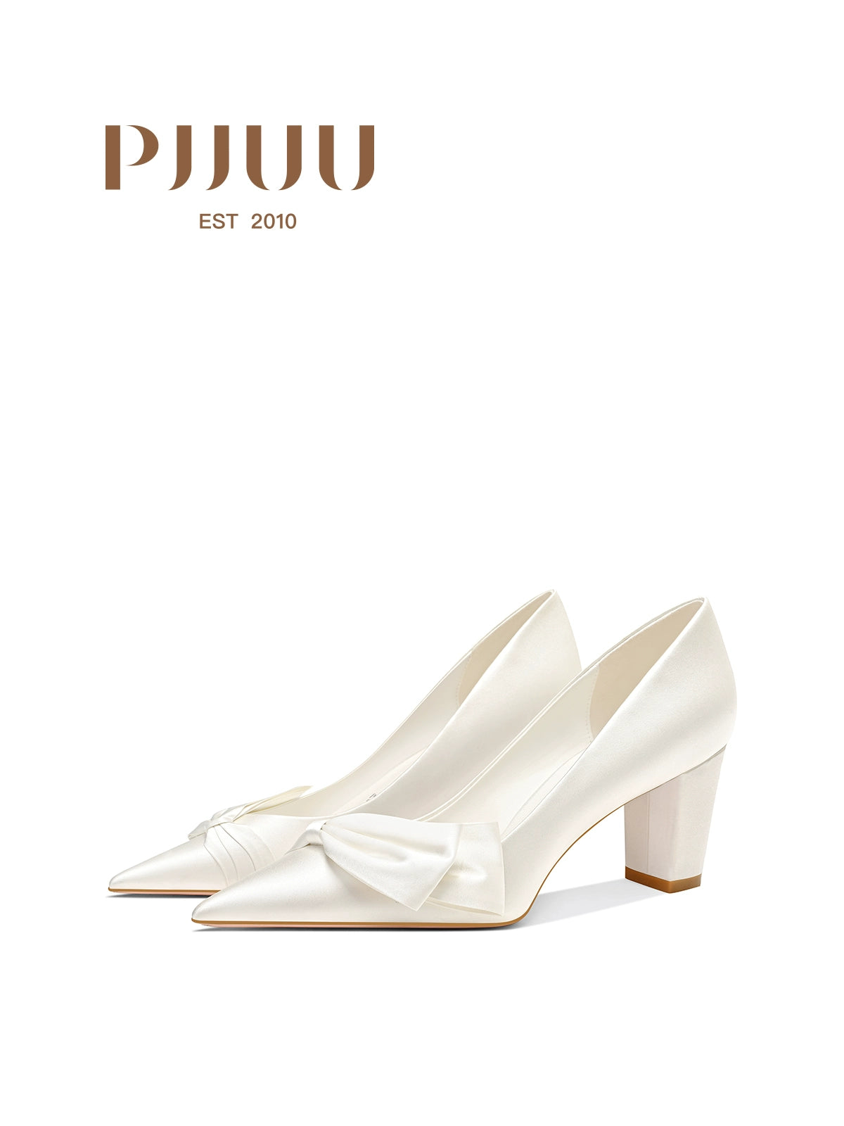 PJJUU white thick satin high heels - SQUEN.