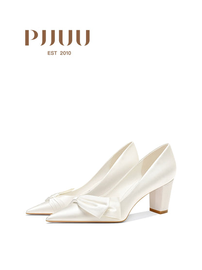 PJJUU white thick satin high heels - SQUEN.