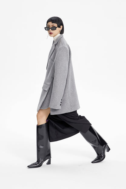 TINY IN misplaced silhouette wool women's midi grey coat -YAMO