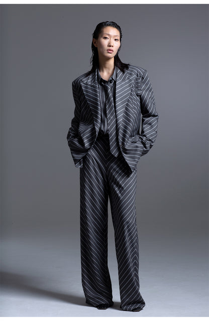 LEDIM W highend oblique stripe t shaped gray suit jacket blazer - Pieo