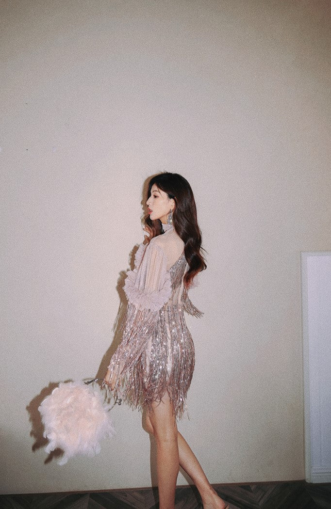 DOLLY High End Retro Style Sliver V-Neck Sleeveless Sequin Long Evening Dress-QUEENETH