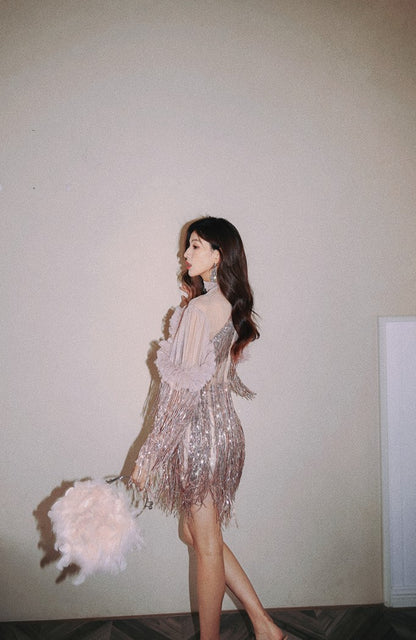 DOLLY High End Retro Style Sliver V-Neck Sleeveless Sequin Long Evening Dress-QUEENETH