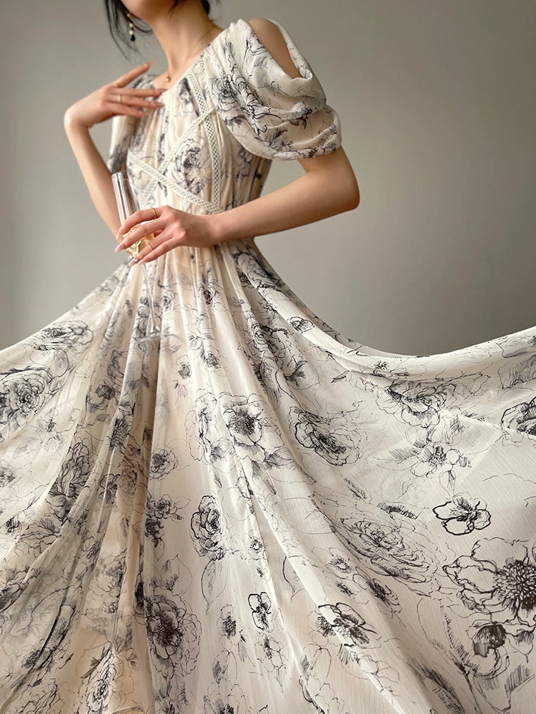 Aconiconi Luxury Rose Print Lantern Sleeve Long Summer Dress- Moonlight Rose S / White Aconiconi Luxury Rose Print Lantern Sleeve Long Summer Dress- Moonlight Rose S / White