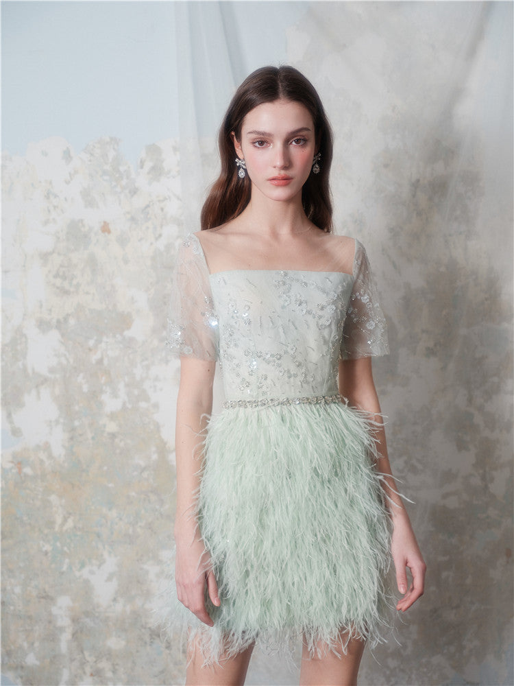 Wardrobes by Chen Luxury Mint Square Neck Lace Short Sleeve Cocktail Dress-Saint