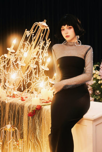 DOLLY Elegant Black Queen Style Turtle Neck Long Sleeve Slim Fit Long Dinner Dress-ELUALIA