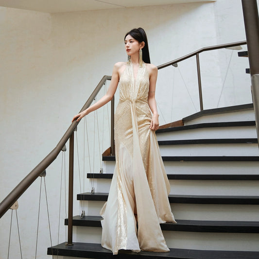 DOLLY Elegant Gold Sleeveless Halter Neck Long Fish Tail Banquet Dress-CHIOMA (V)