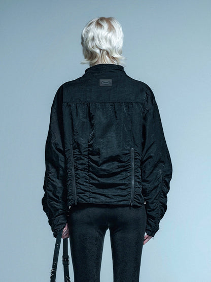 ANNAKIKI black zipper split function pleated jacket for women-HINA