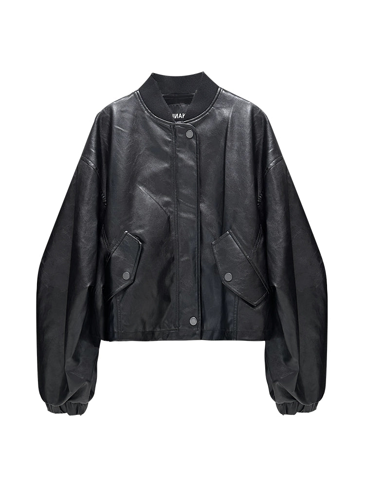 ANNAKIKI Women's Leather Jacket relaxed silhouette with cut-out sleeves-BAHN