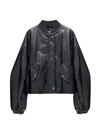 ANNAKIKI Women's Leather Jacket relaxed silhouette with cut-out sleeves-BAHN