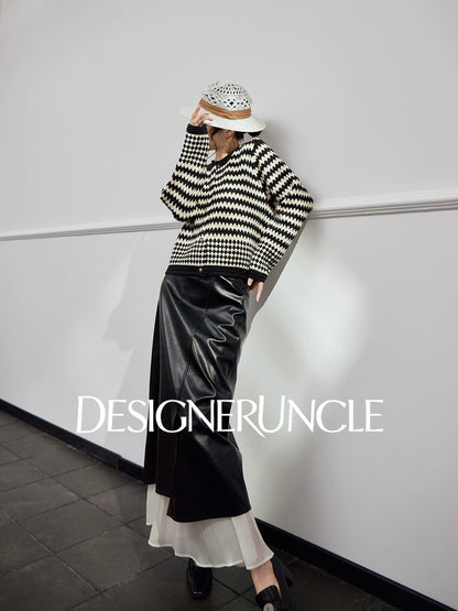 DGU "Twilight" black sweater women's new contrasting striped loose slimming knitted cardigan - MAINE.