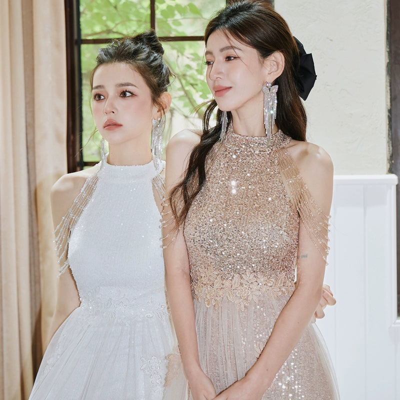 DOLLY Luxury Stand Collar Sleeveless Sequin Glitter Beads Long Nesh Cocktail Dress-SOPHIA