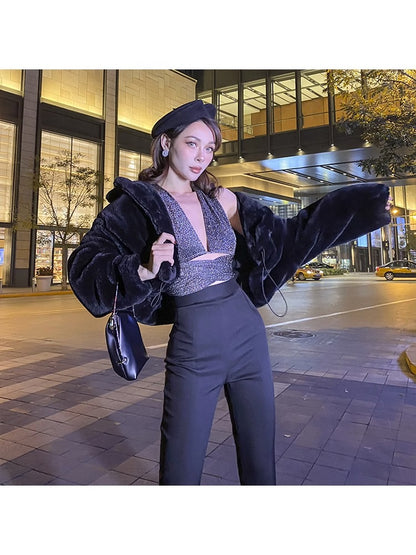 Le Palais Vintage Black Long Sleeves Short Faux Fur Coat and Dinner Skirt Suit-Selena.