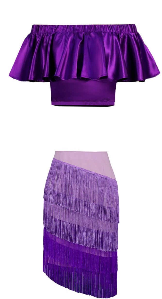 DOLLY Elegant Purple Satin Ruffle Of Shoulder Top+ Gradient Tassel Skirt-ZAYN