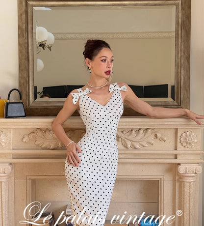 Le palais vintage black and white polka dot slim fit V-neck faux silk dress - MEEK.