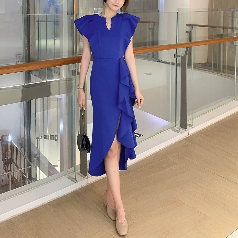 DOLLY Luxury V-Neck Short Sleeve High waist Slim Fit Irregular Hem Date Dress-LISA