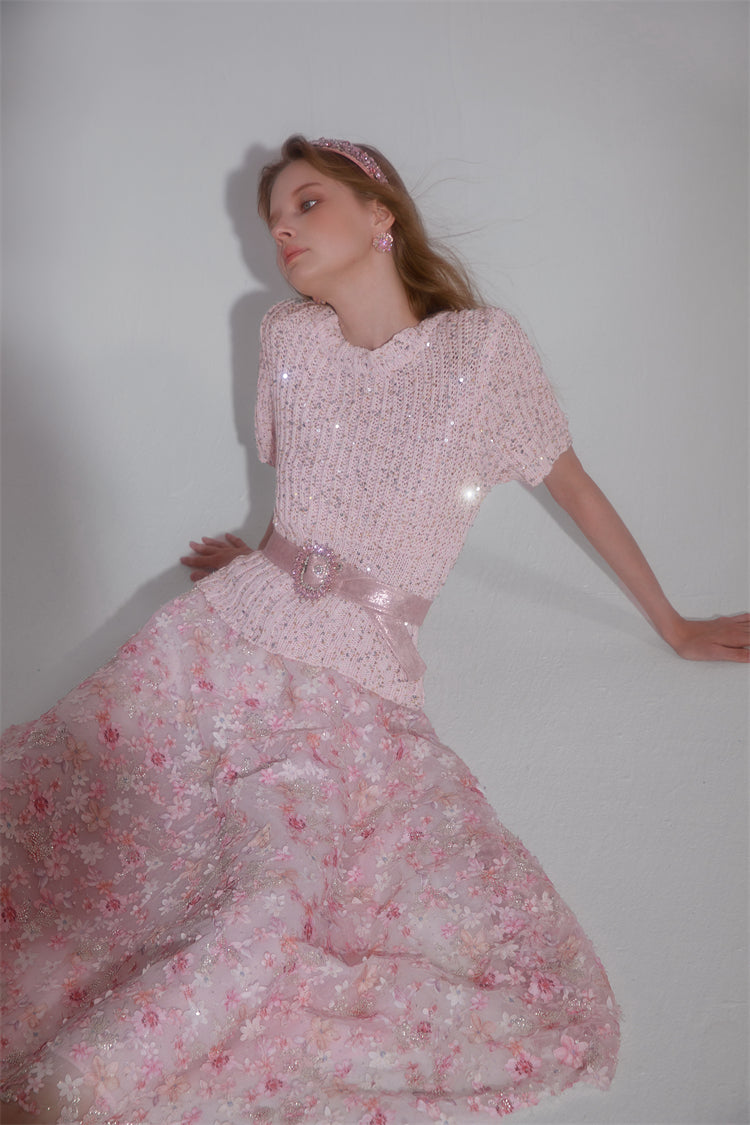 Wardrobes by Chen Elegant Pink Sequin Embroidered Long midi Skirt - Jiaa