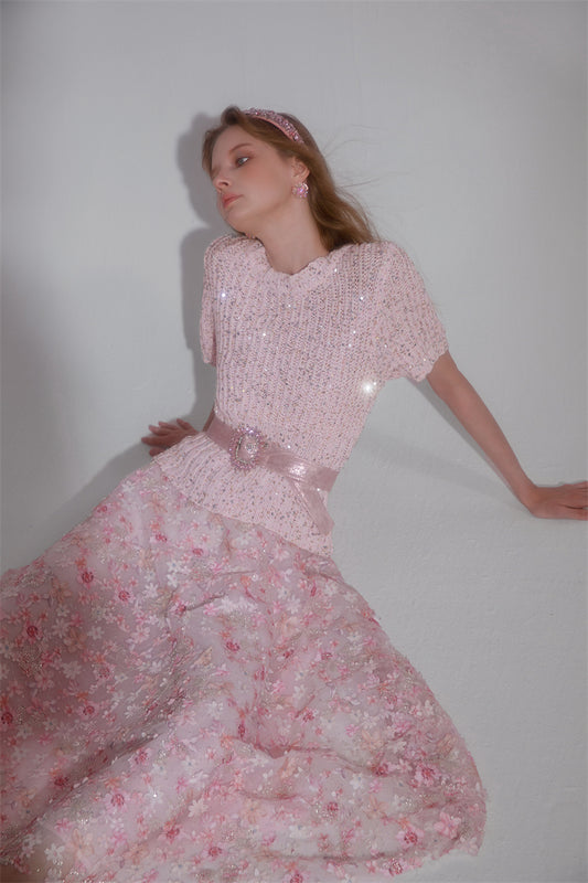 Wardrobes by Chen Elegant Pink Sequin Embroidered Long midi Skirt - Jiaa