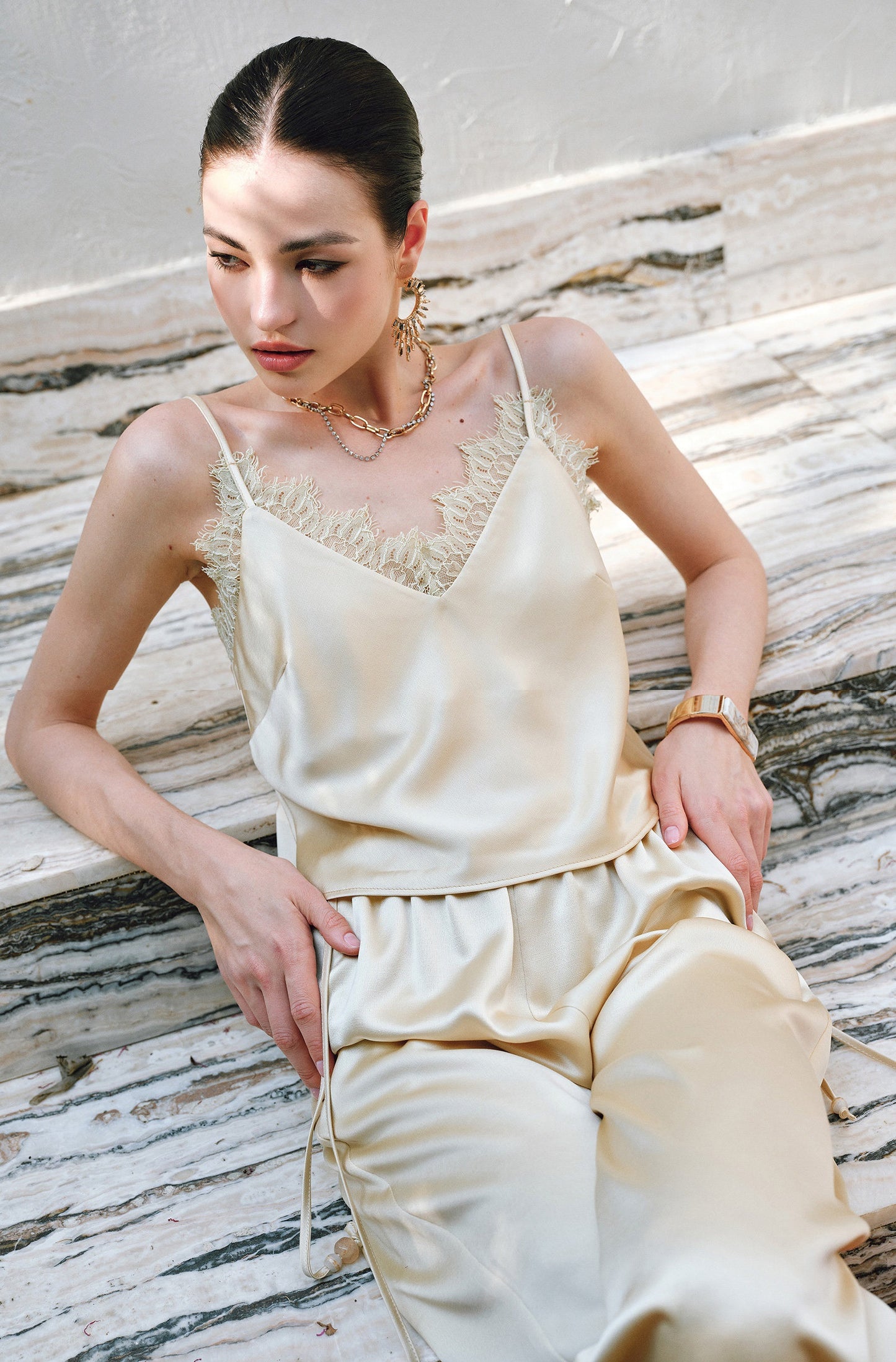 WANGXO | Hemp-Textured Acetate Satin  ight Luxury Lace Suspender, Shirt & Trousers Three-Piece Set- SARI