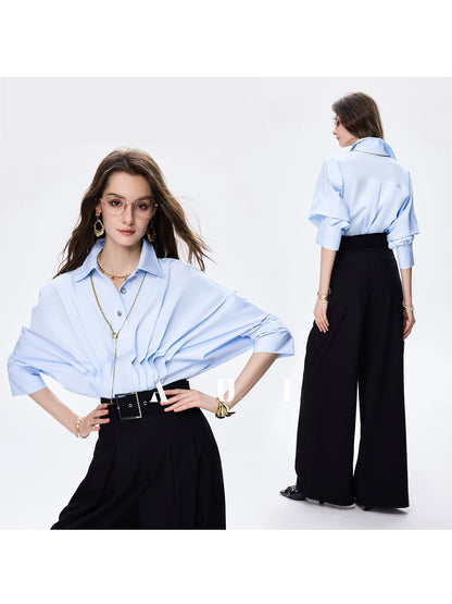 AUI design sense irregular polo collar blue shirt long sleeve top - RESORT.