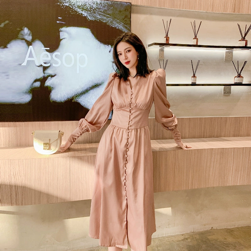 DOLLY Elegant V-Neck Long Lantern Sleeve Long Button Church Dress-NANA