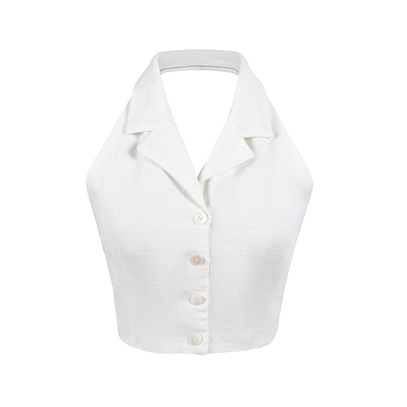 Le Palais Vintage Elegant Pure White Cotton and Linen Halter neck Vest High Waist Swing Skirt-MIA