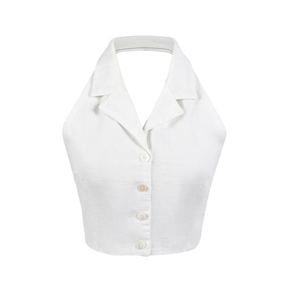 Le Palais Vintage Elegant Pure White Cotton and Linen Halter neck Vest High Waist Swing Skirt-MIA